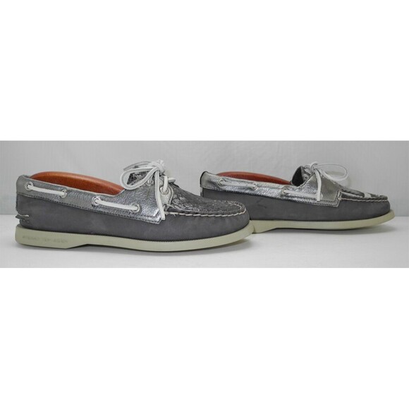 Sperry Top-Sider Embossed Snakeskin Grey/Metallic Silver Leather Boat Shoes- 6M - Picture 3 of 8